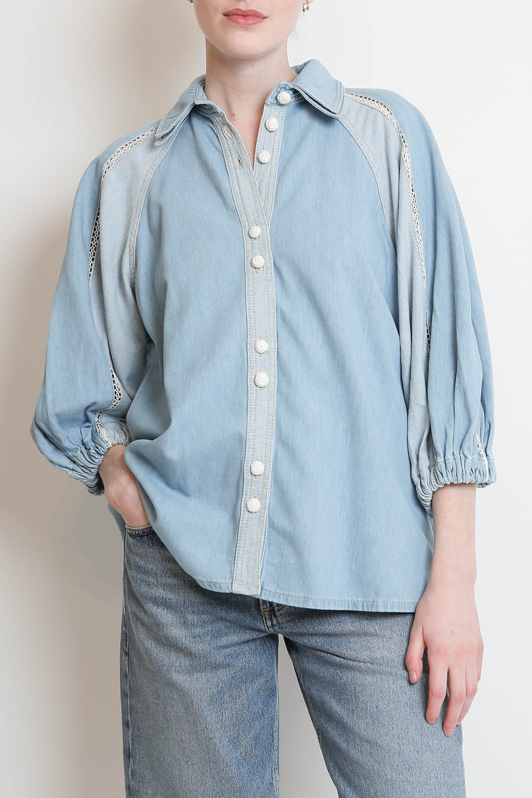 Farm Rio, Bluse Bicolor in Denim