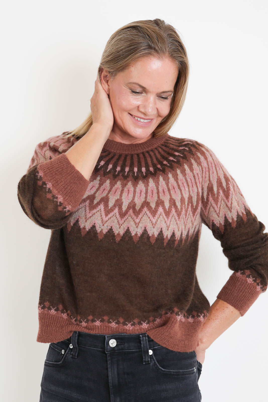 Roberto Collina, Pullover Fair Isle in Moro/Porpora