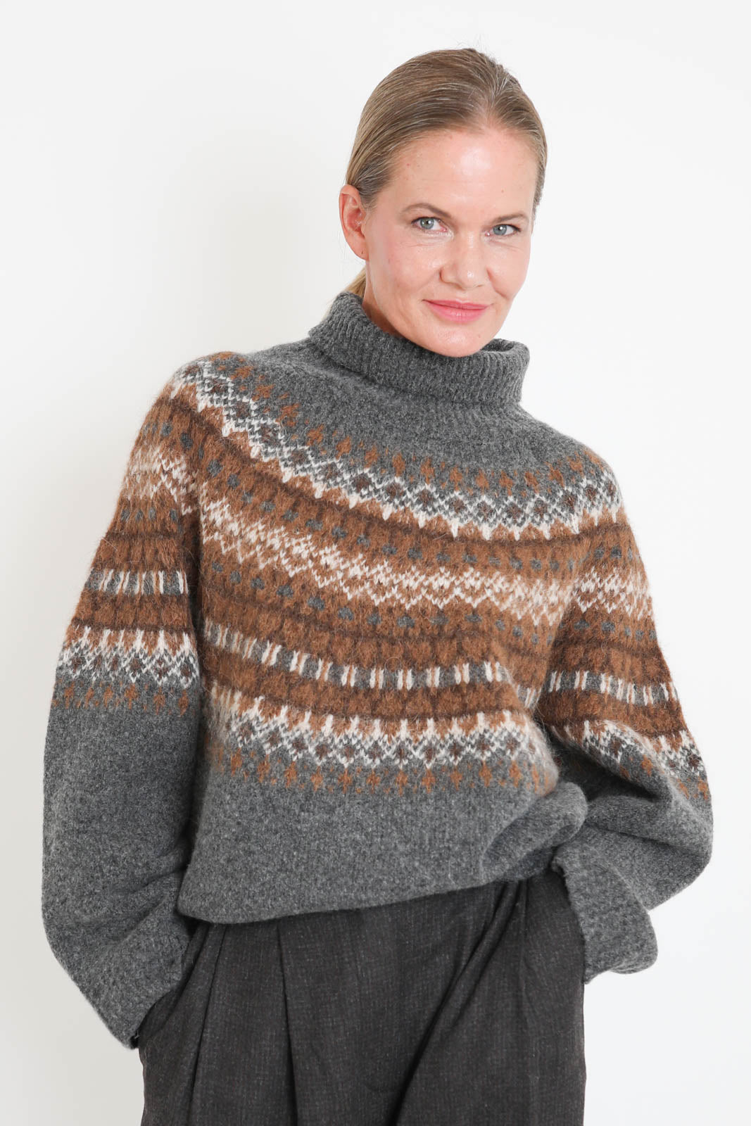 Zenggi, Pullover Chunky Fair Isle in Dark Grey Melange