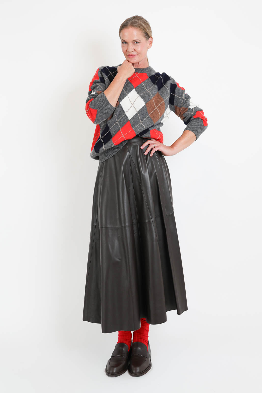 &Daughter, Pullover Ava Argyle Crewneck in Grey with Red Hazelnut & White