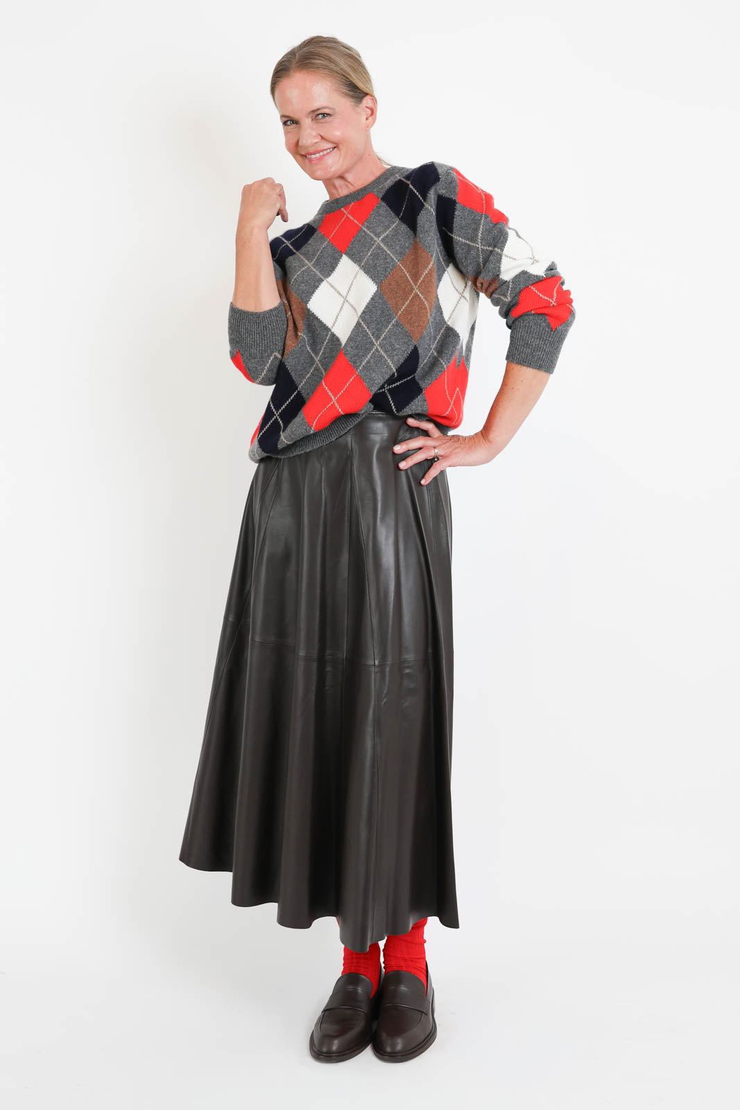 &Daughter, Pullover Ava Argyle Crewneck in Grey with Red Hazelnut & White