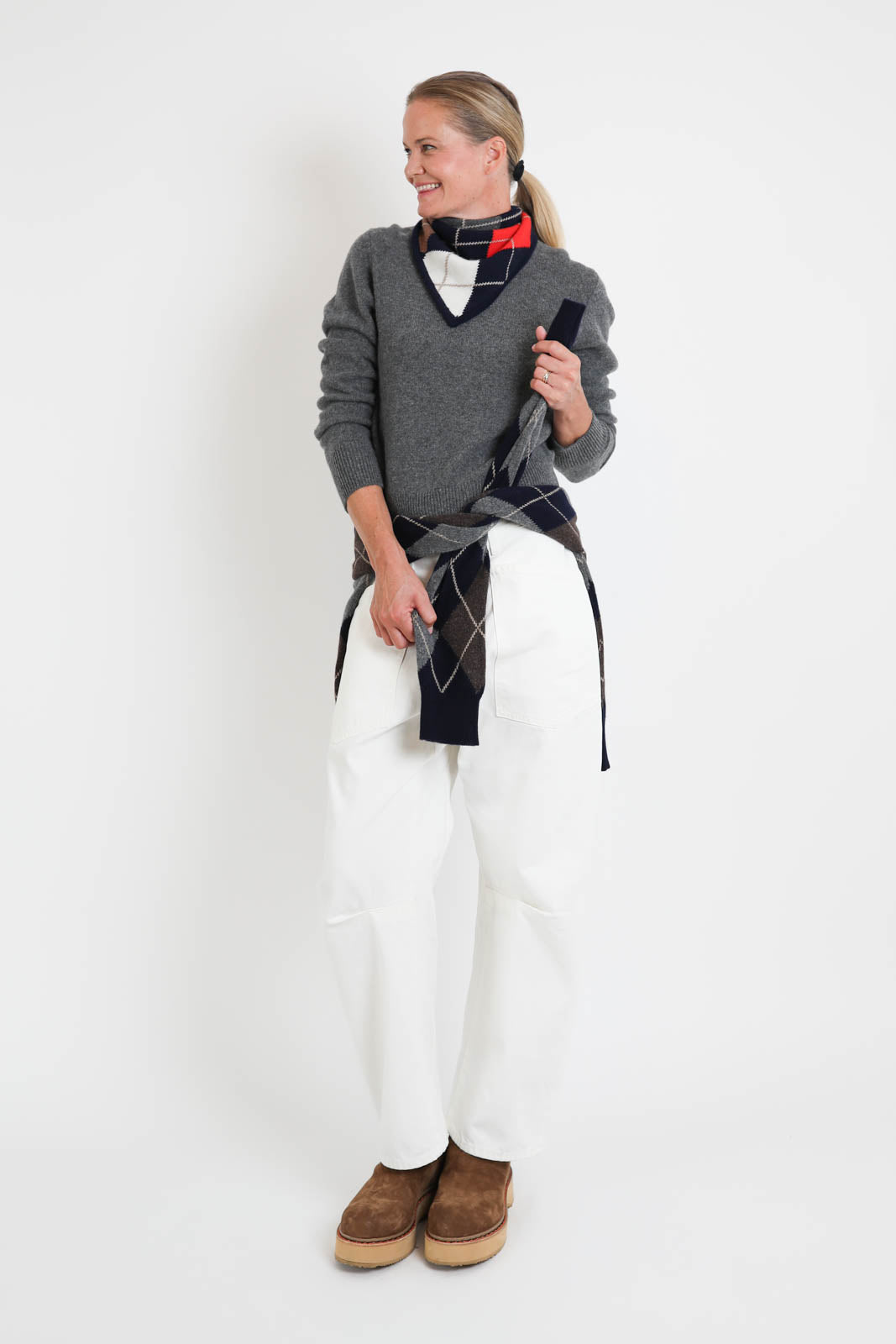 &Daughter, Pullover Ava Argyle Crewneck in Navy with Brown