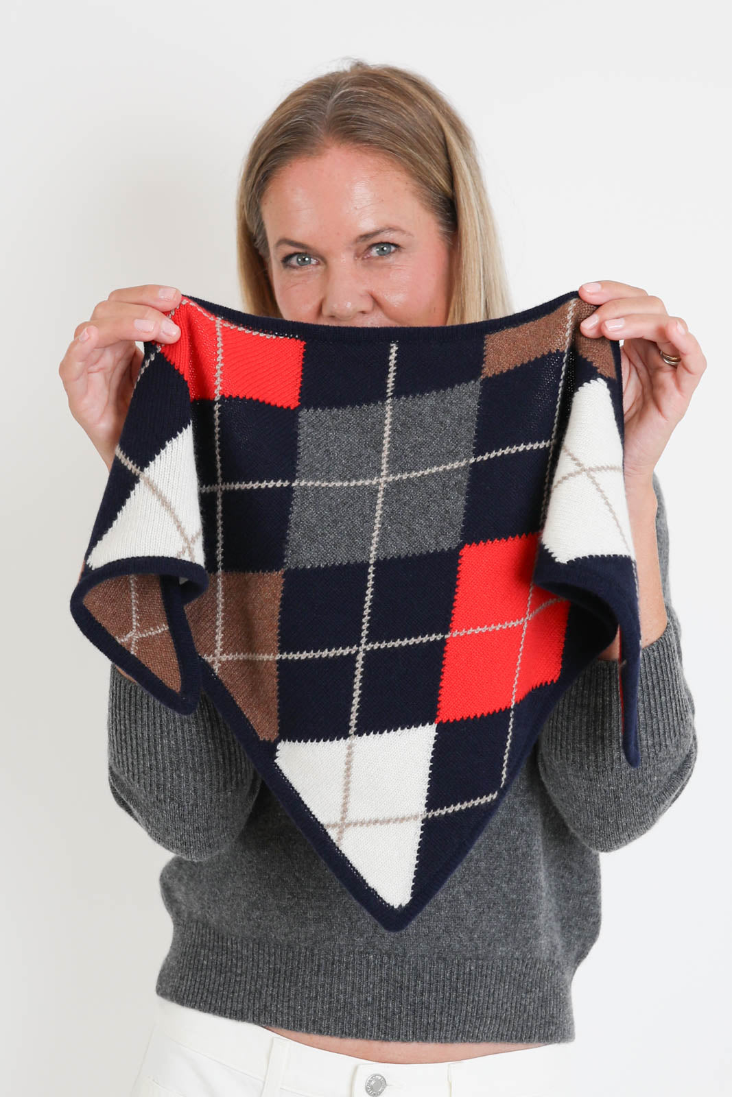 &Daughter, Foulard Fionn Argyle in Navy with White Red & Hazelnut
