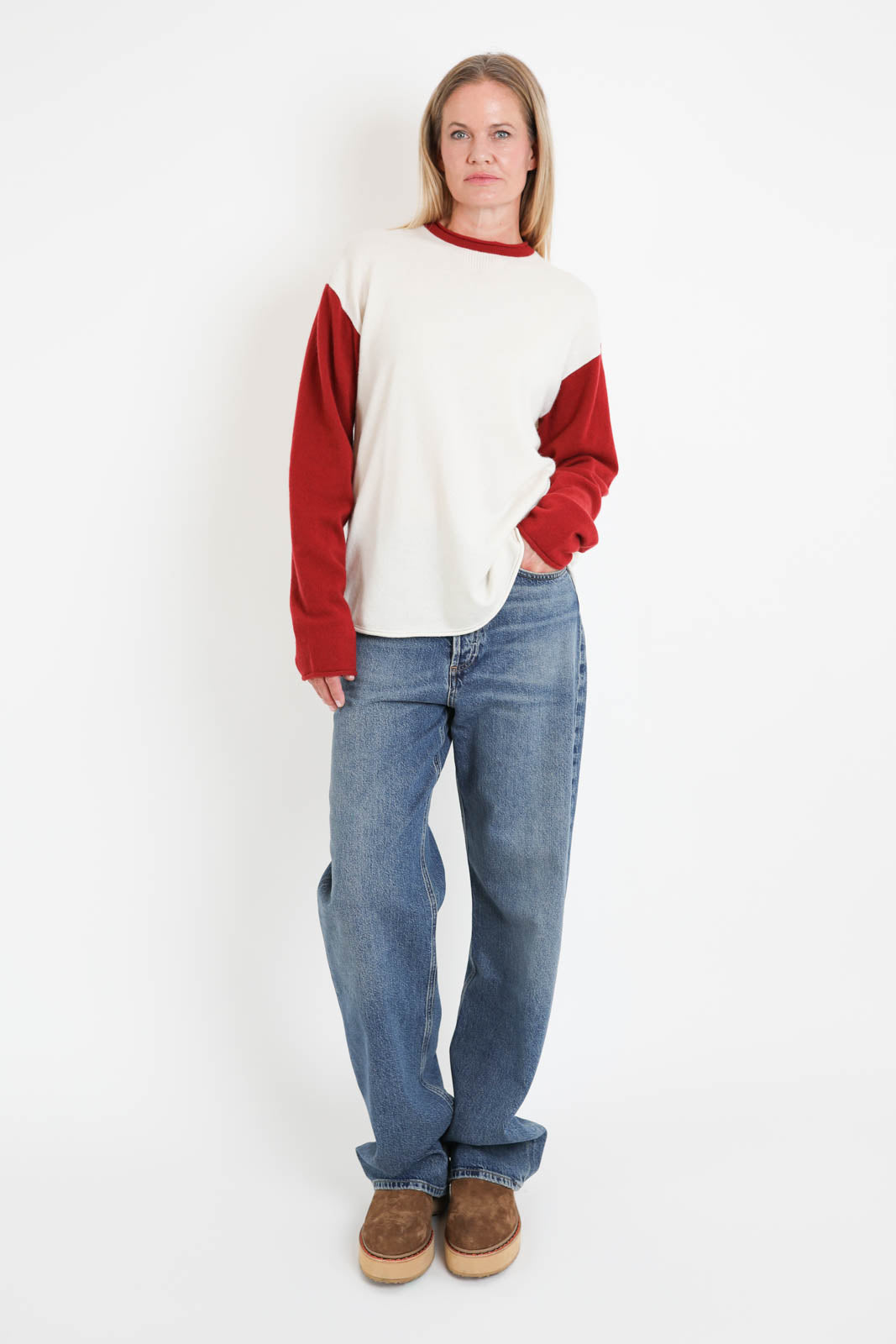 Guest in Residence, Pullover Baseball in Cream/Carmine