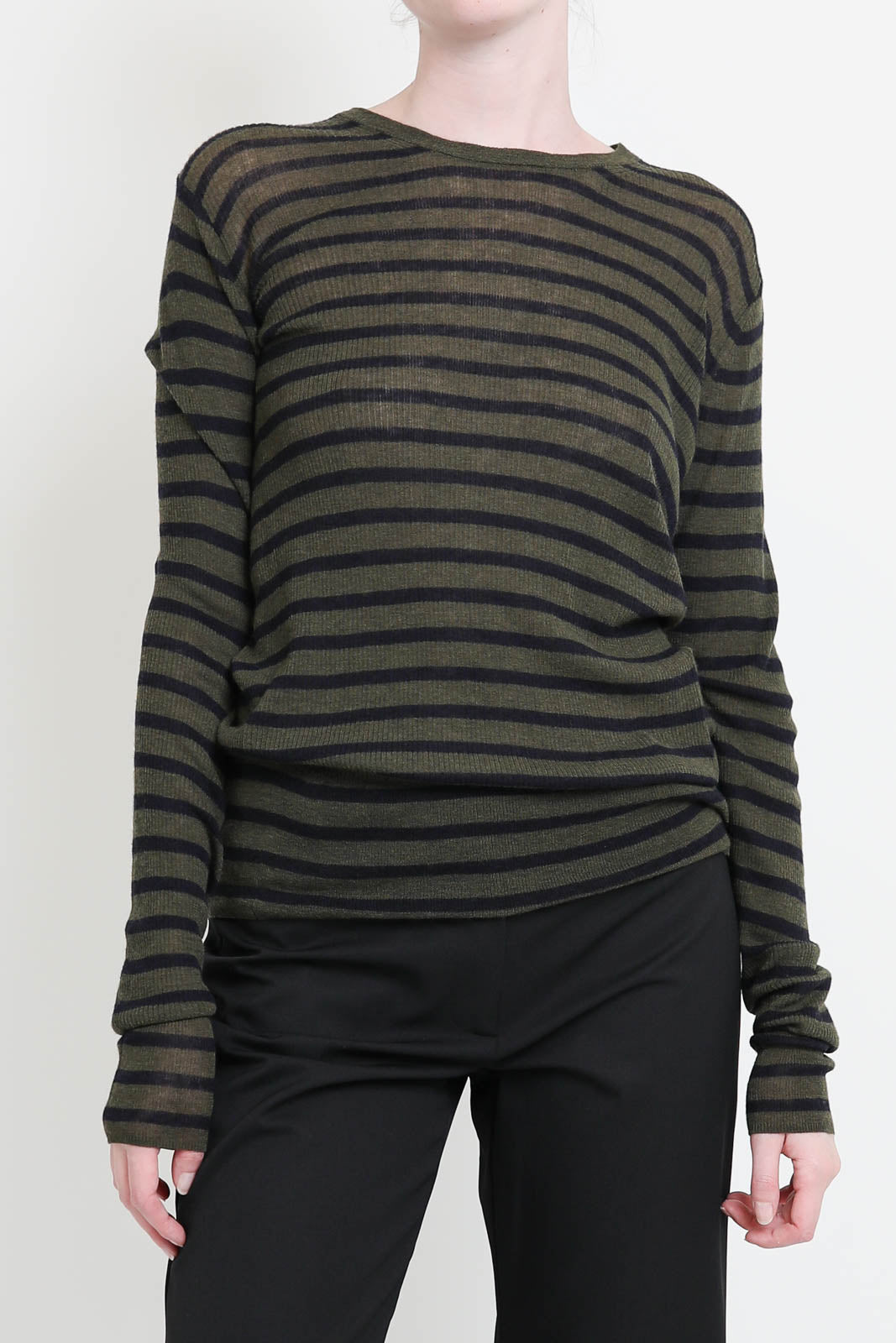 Langarm-Shirt aus Wolle in Khaki x Navy