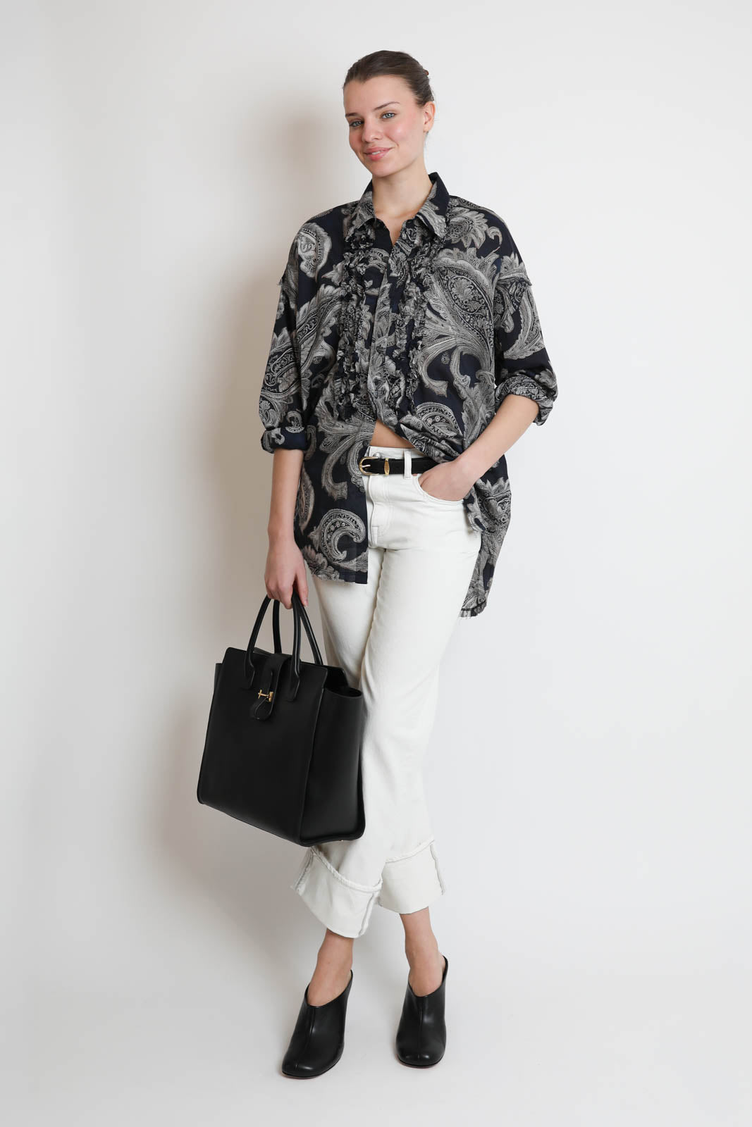 R13, Bluse Shredded Seam Ruffle in Black Paisley