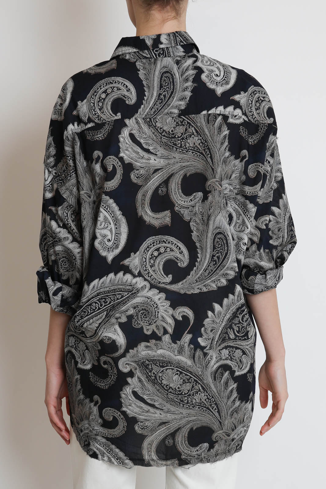 R13, Bluse Shredded Seam Ruffle in Black Paisley
