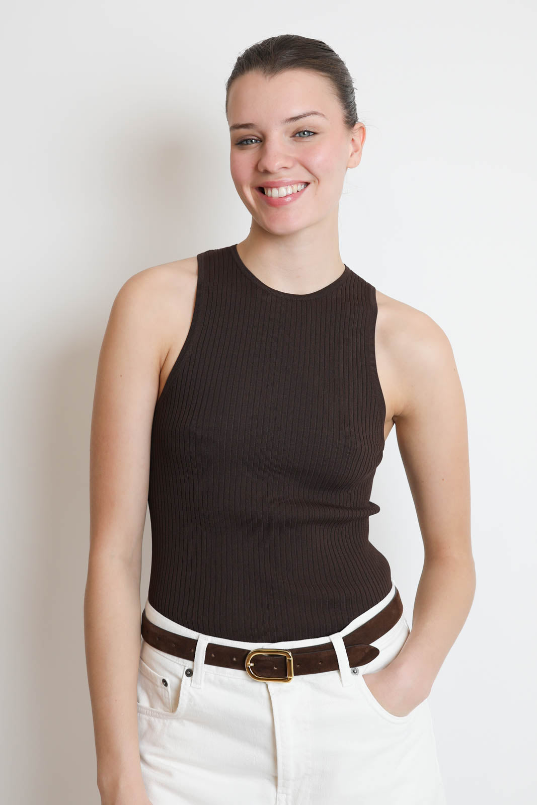 Tibi, Cut-Out Tank Top in Hickory Brown
