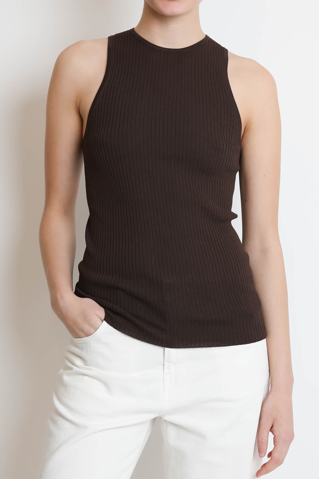 Tibi, Cut-Out Tank Top in Hickory Brown