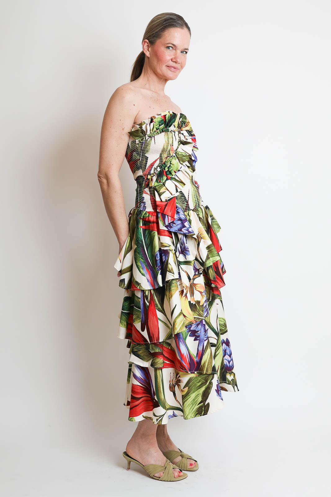 Farm Rio, Kleid Strapless in Florart Sand