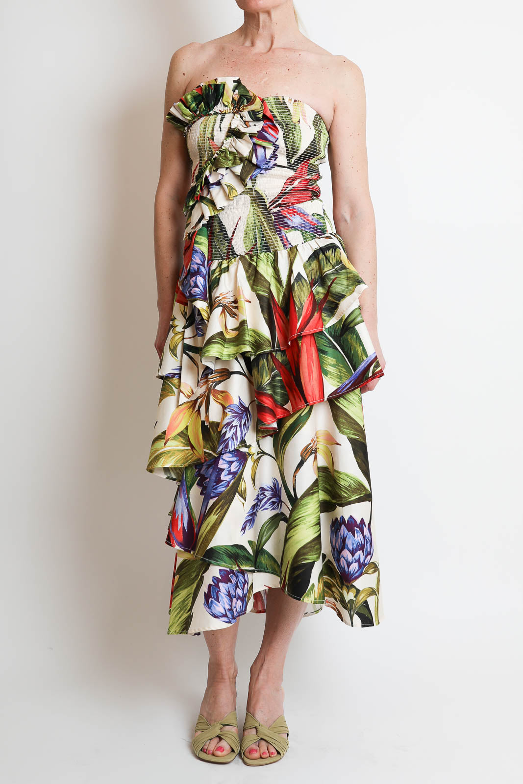 Farm Rio, Kleid Strapless in Florart Sand