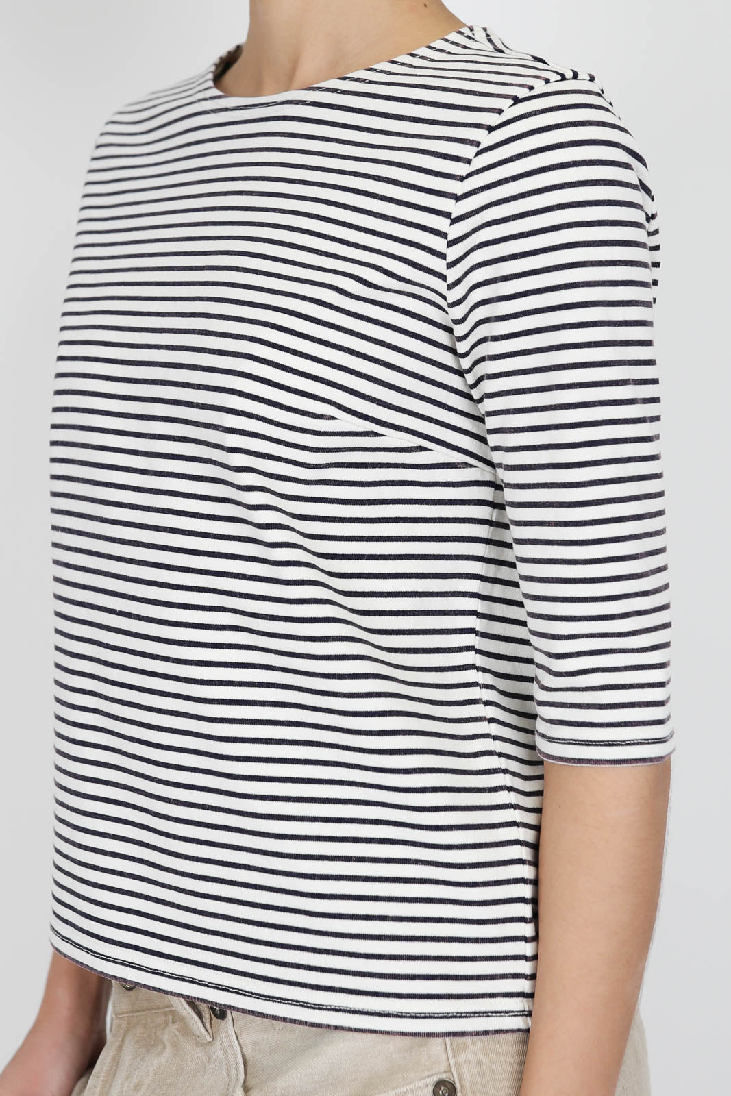 T-Shirt mit 3/4-Ärmeln in Navy/Ecru Narrow Stripe