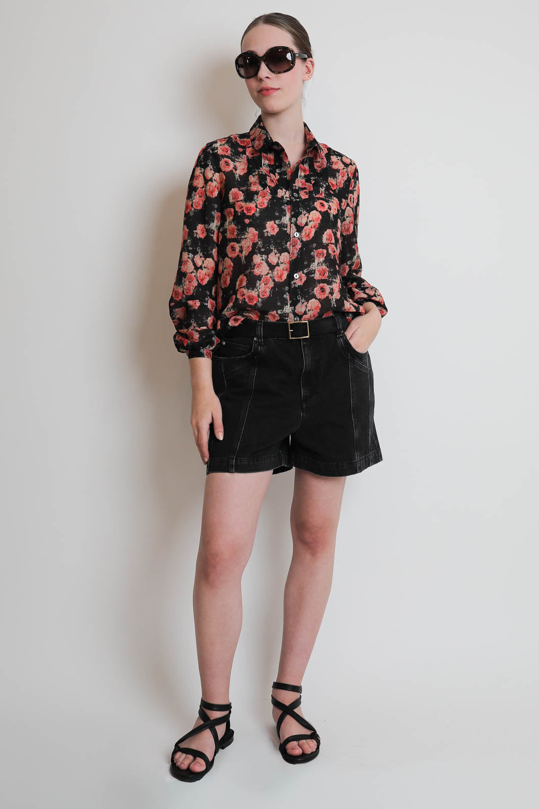 R13, Bluse Pleated Tuxedo in Roses Black