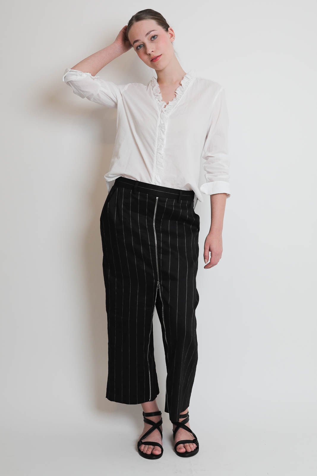 R13, Hose Front Zip in Black Silver Pinstripe