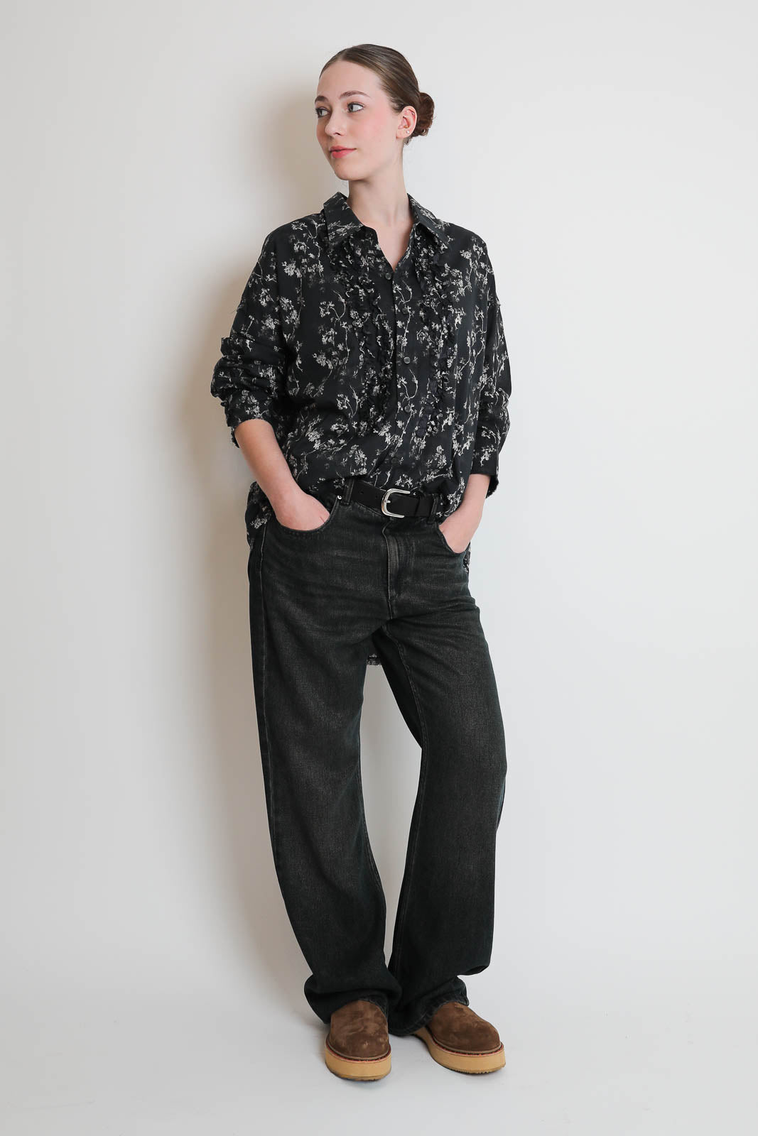 R13, Ruffle Blouse in Floral Black