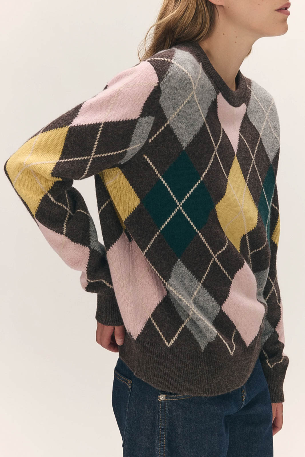 &Daughter, Pullover Ava Argyle Crewneck in Porcupine with Pink & Cowslip
