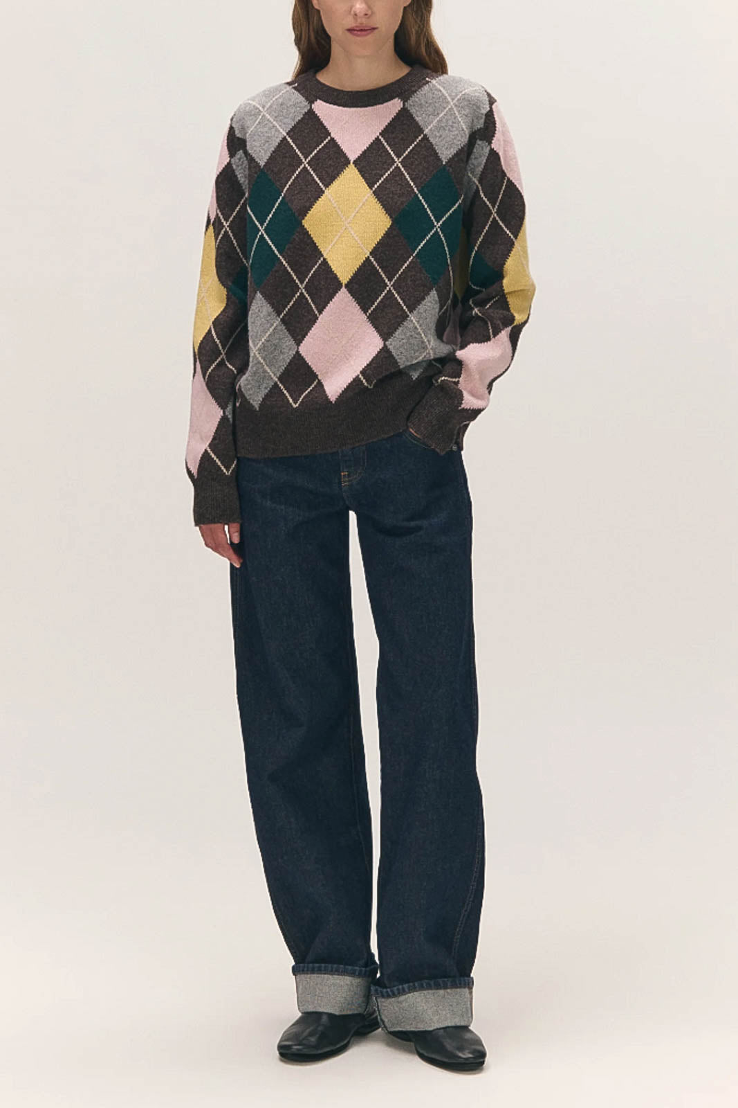 &Daughter, Pullover Ava Argyle Crewneck in Porcupine with Pink & Cowslip