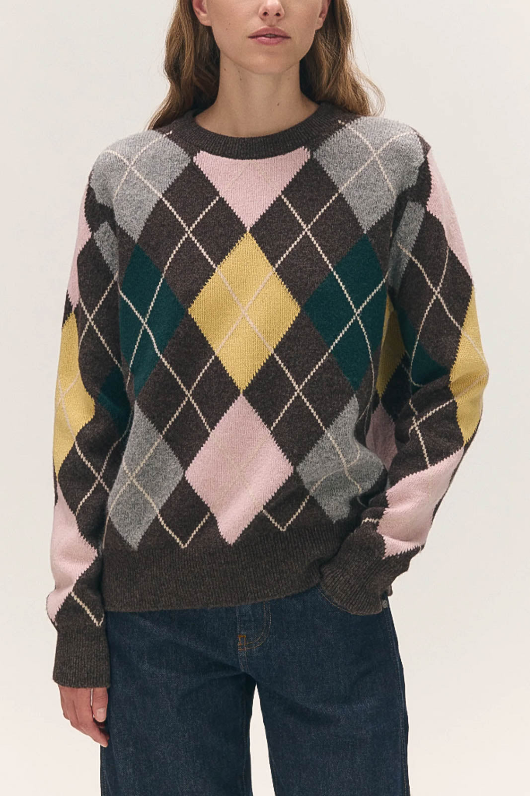 &Daughter, Pullover Ava Argyle Crewneck in Porcupine with Pink & Cowslip