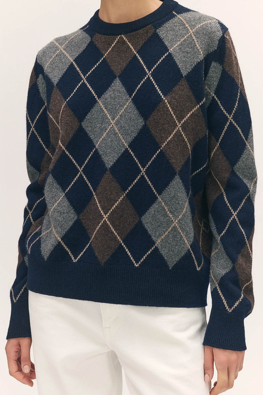 &Daughter, Pullover Ava Argyle Crewneck in Navy with Brown