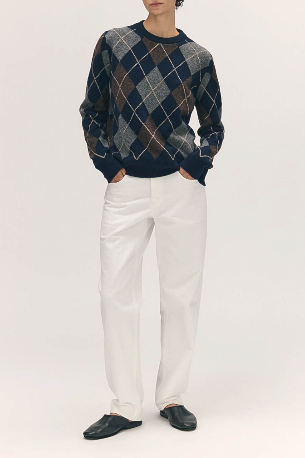 &Daughter, Pullover Ava Argyle Crewneck in Navy with Brown
