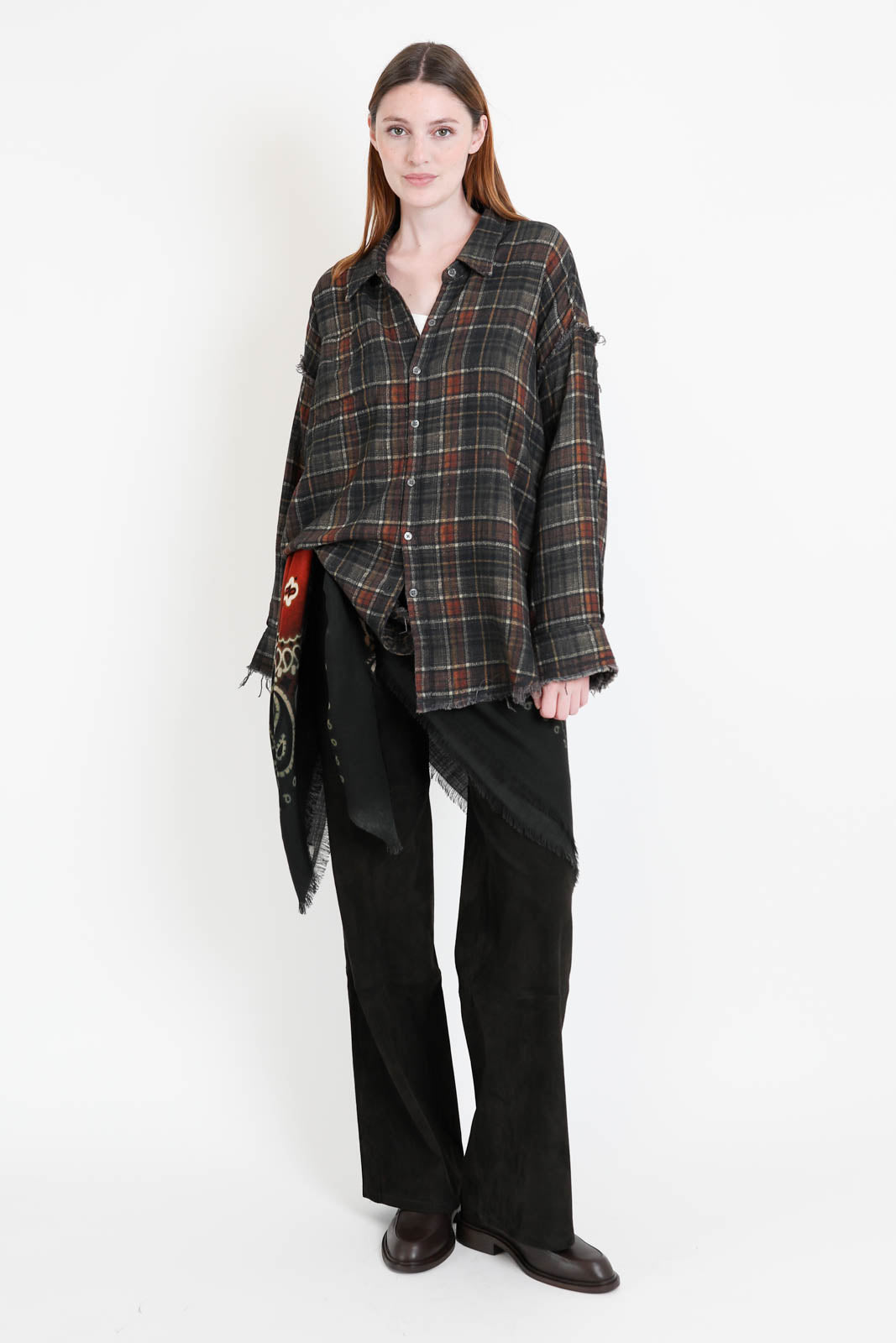 R13, Bluse Reversible Drop Neck in Brown Plaid