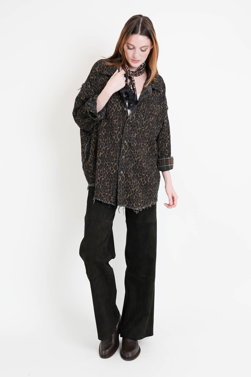 R13, Bluse Reversible Drop Neck in Brown Plaid