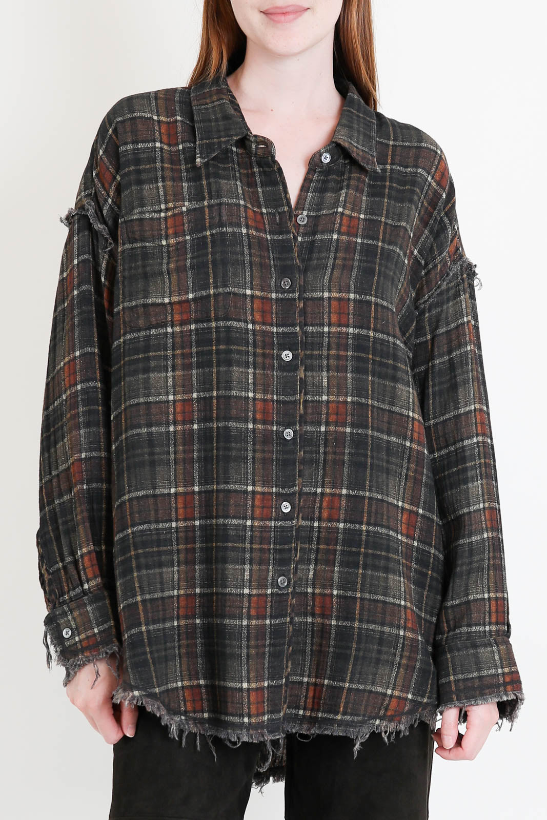 R13, Bluse Reversible Drop Neck in Brown Plaid