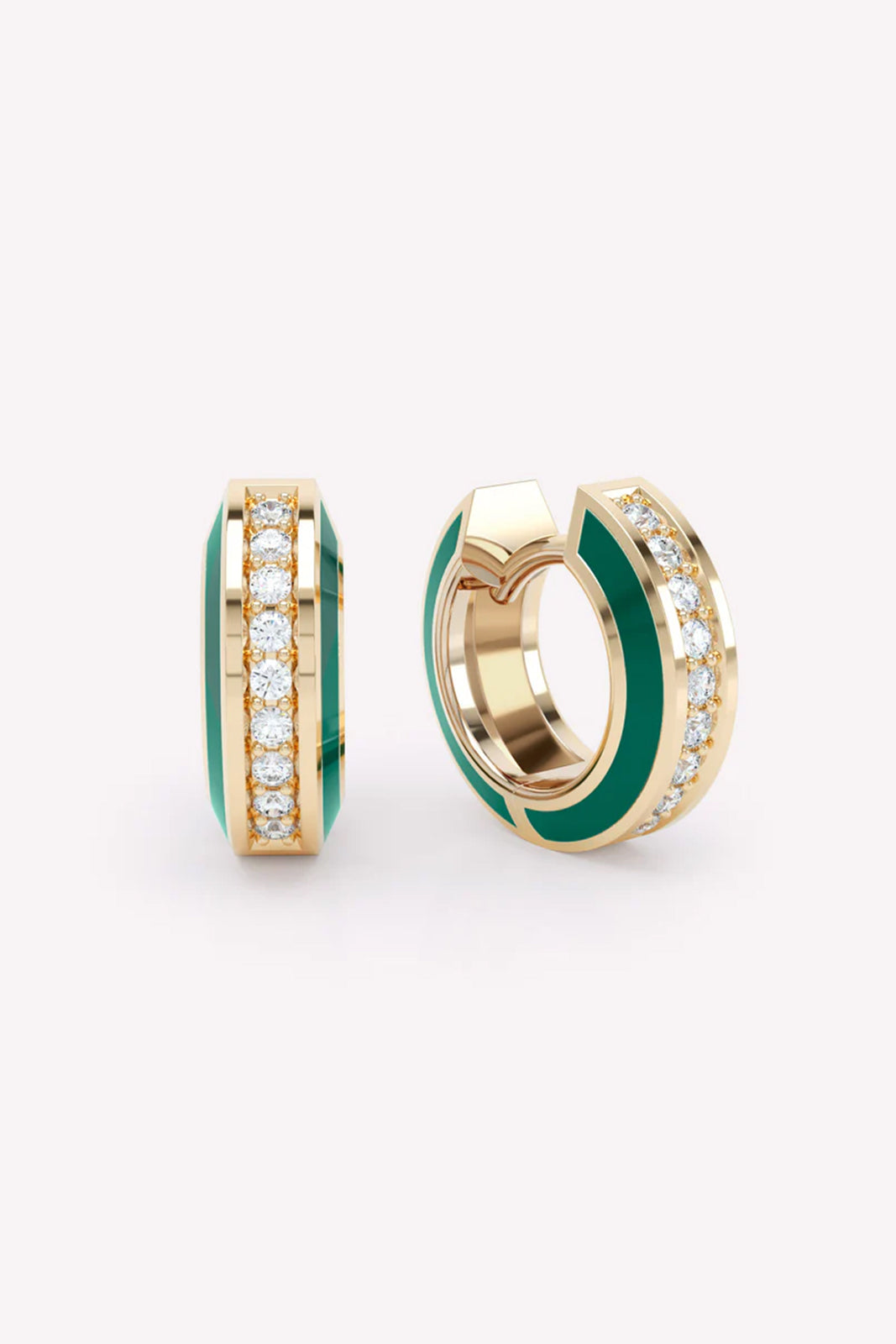 Eternity Green Enamel Huggies earrings with diamonds in yellow gold