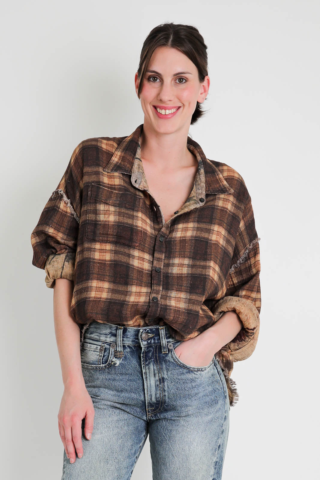 R13, Blouse Drop Neck in Plaid with Khaki Foral