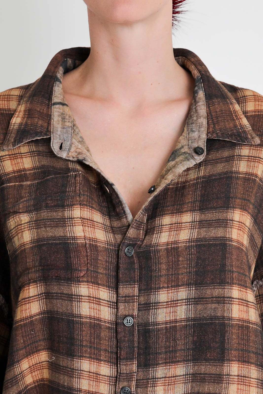 R13, Blouse Drop Neck in Plaid with Khaki Foral