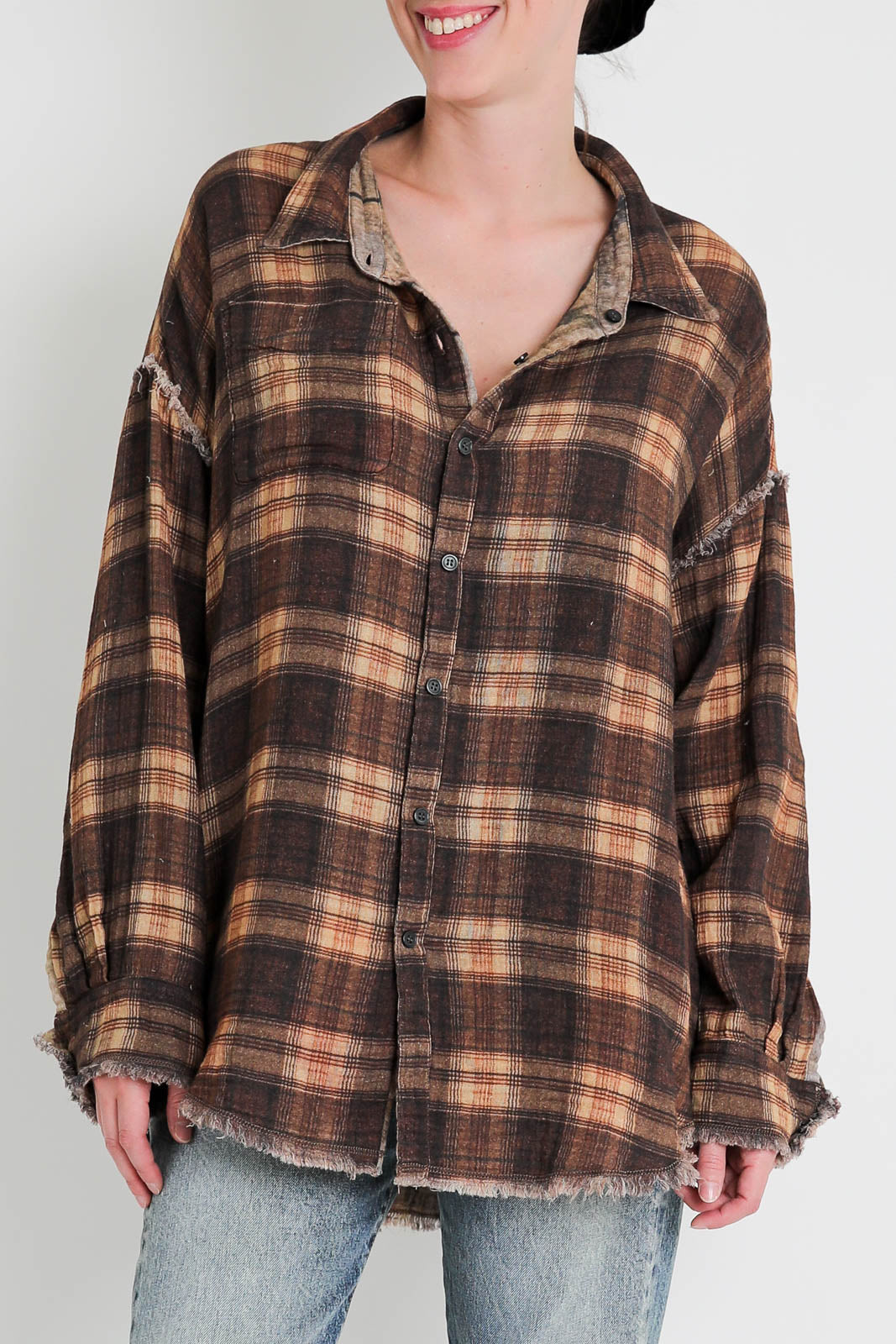 R13, Blouse Drop Neck in Plaid with Khaki Foral