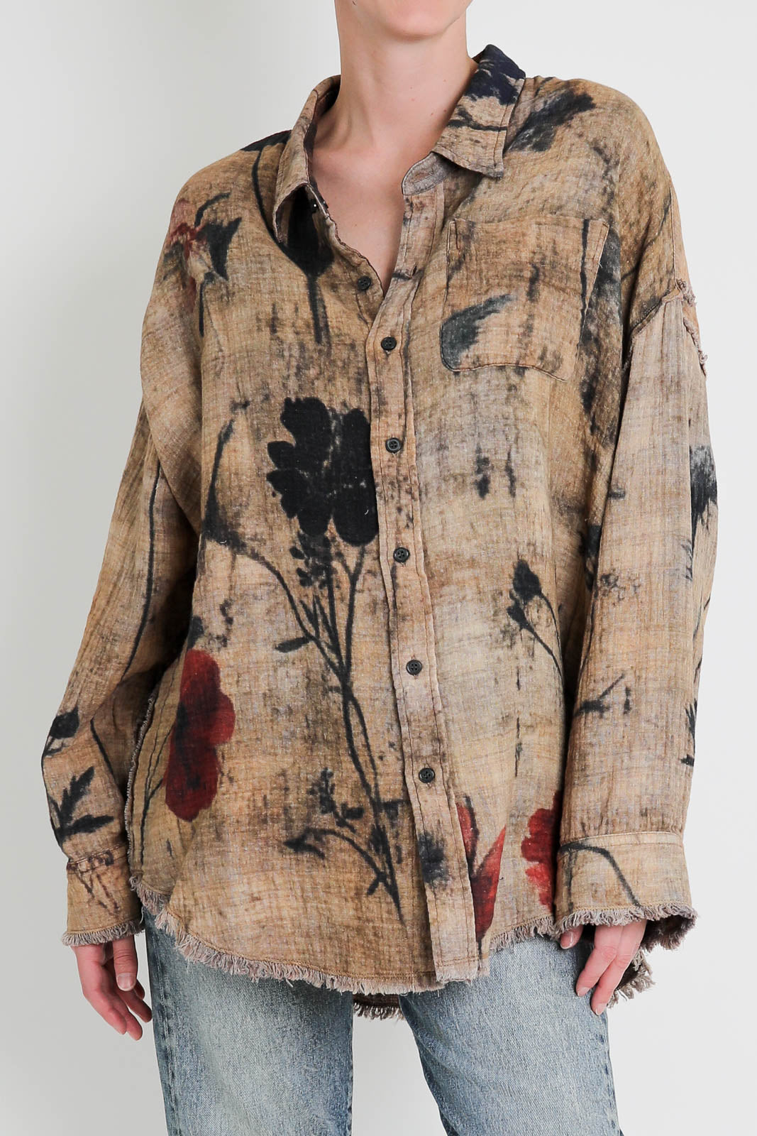 R13, Blouse Drop Neck in Plaid with Khaki Foral