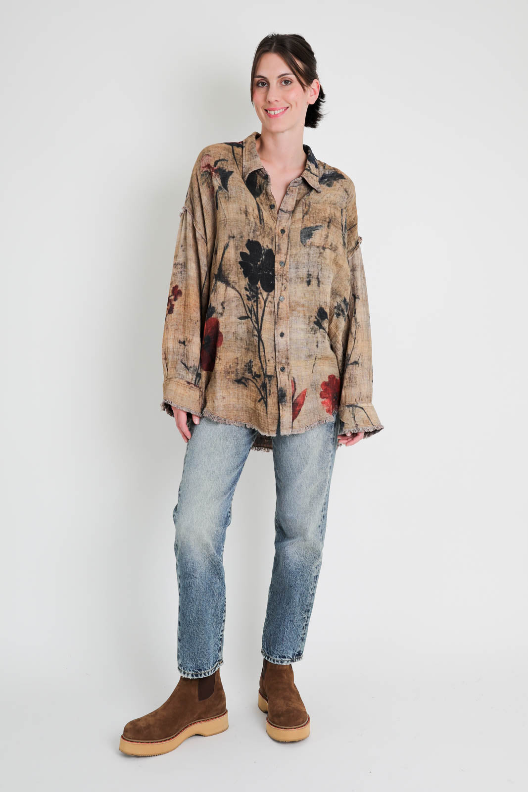 Blouse Drop Neck in Plaid with Khaki Foral