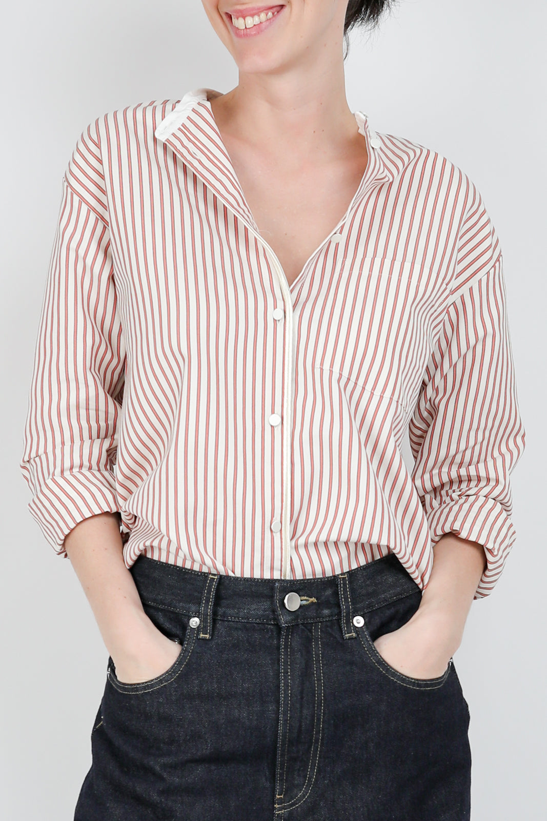 Oxford Stripe Grandfather blouse in Saffron