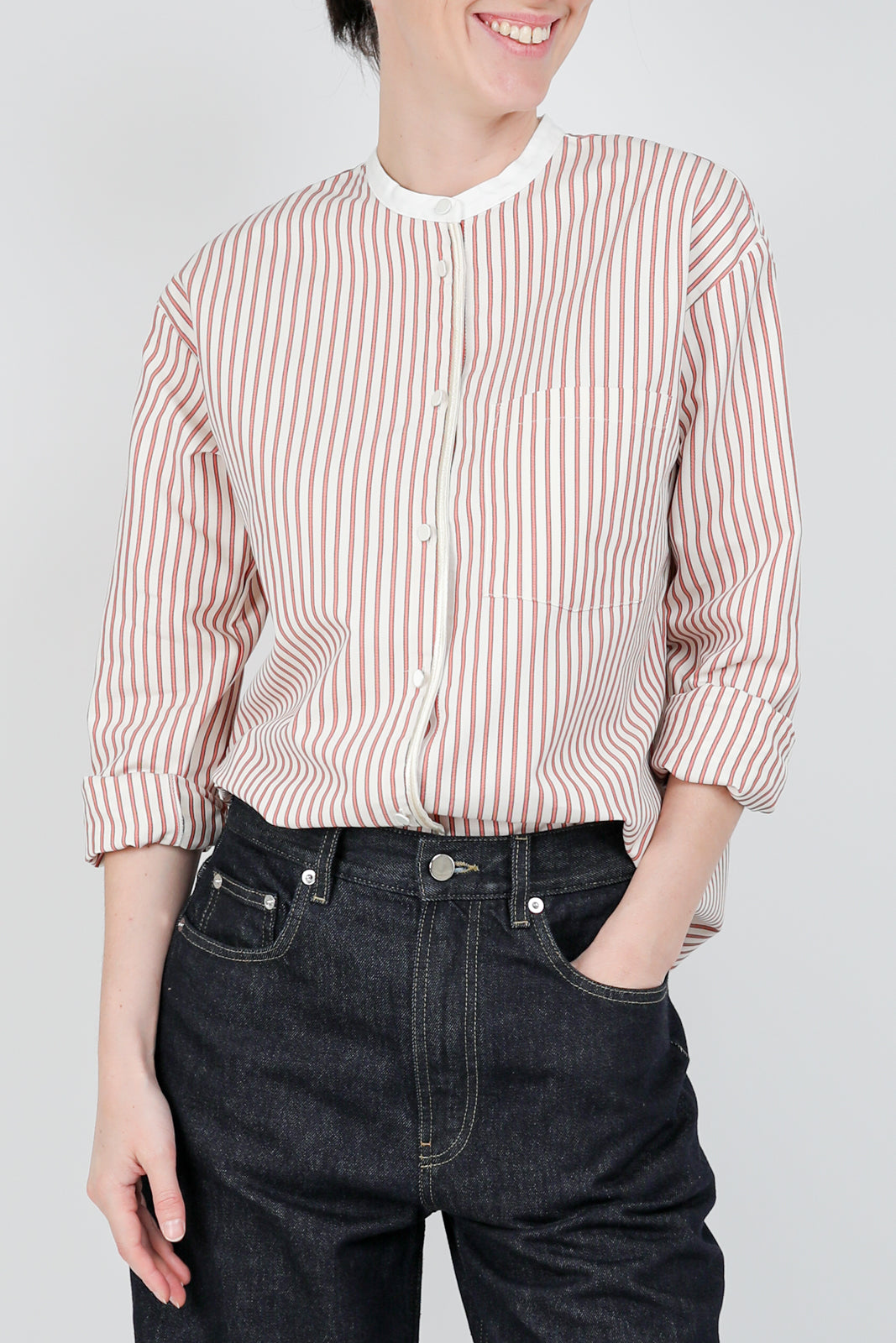 Oxford Stripe Grandfather blouse in Saffron