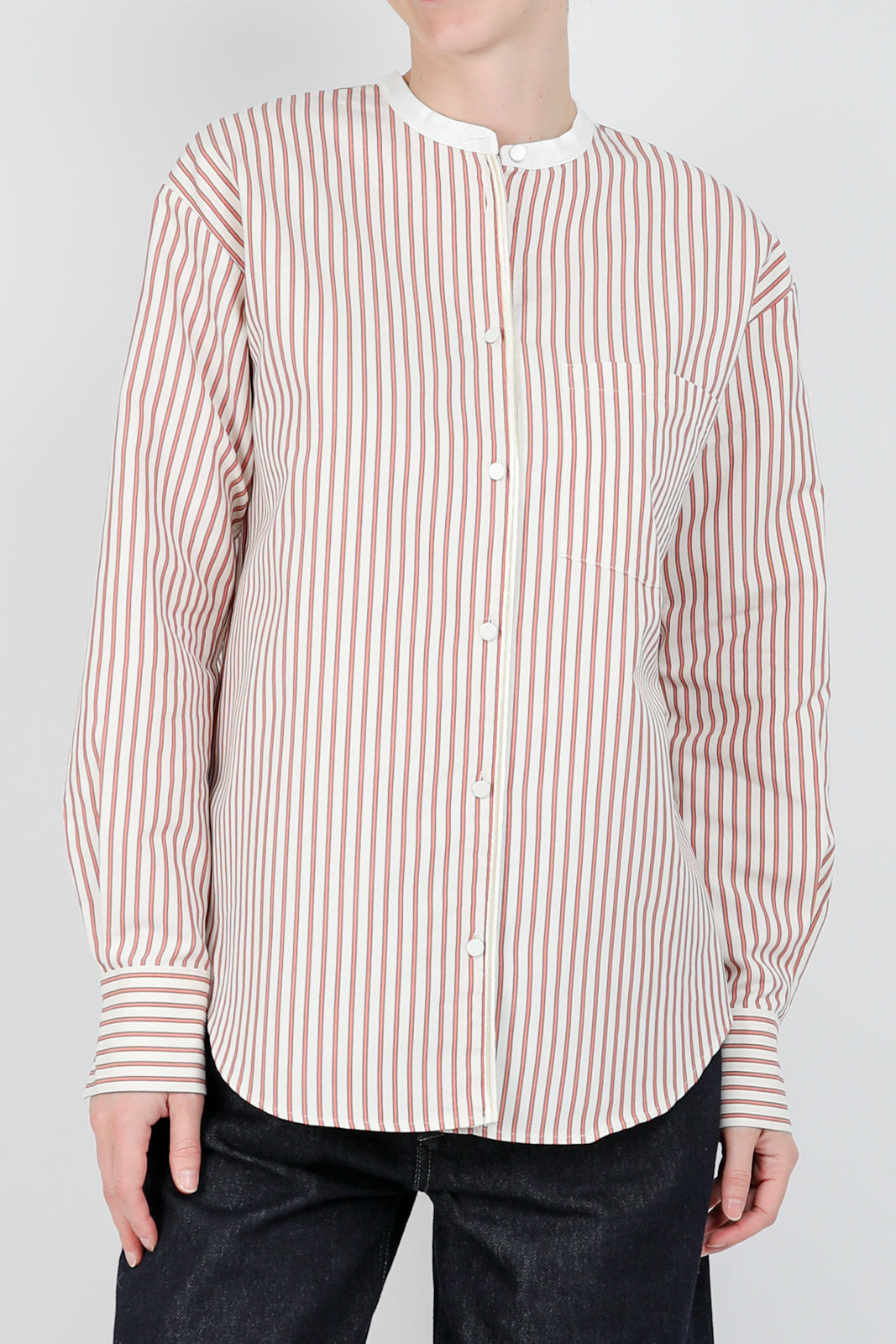 Oxford Stripe Grandfather blouse in Saffron