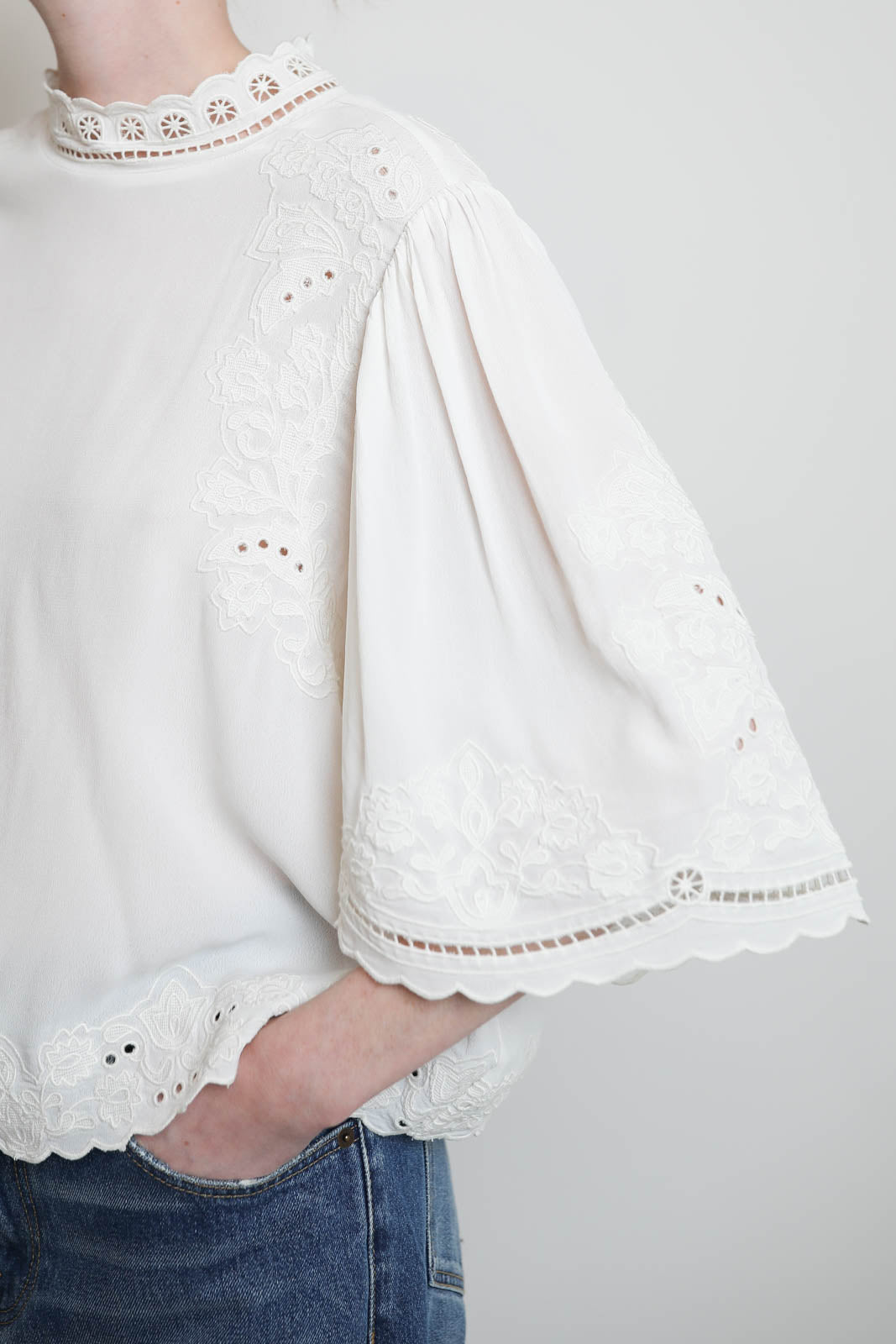 Farm Rio, Palm Tree Embroidery Blouse in Off-White