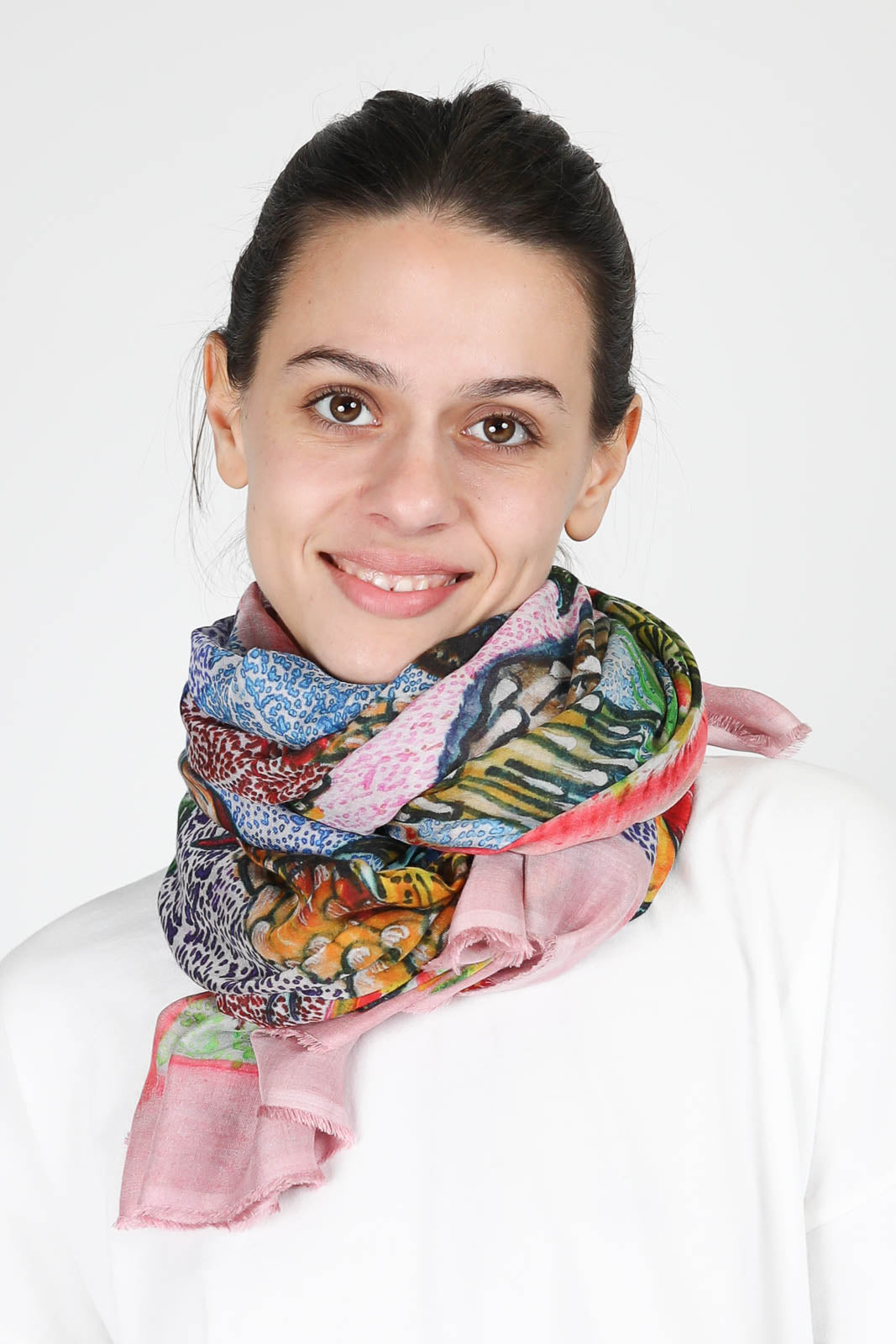 Conference of Birds scarf in pink multi