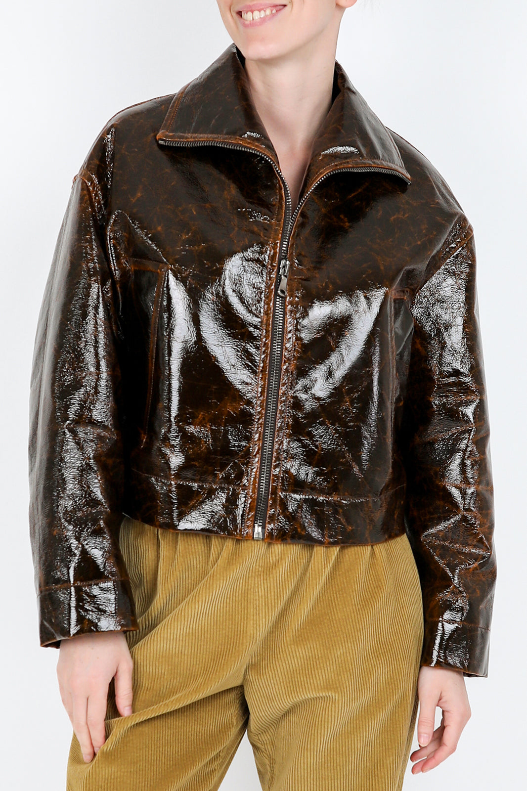 Lacquered cotton jacket in chocolate