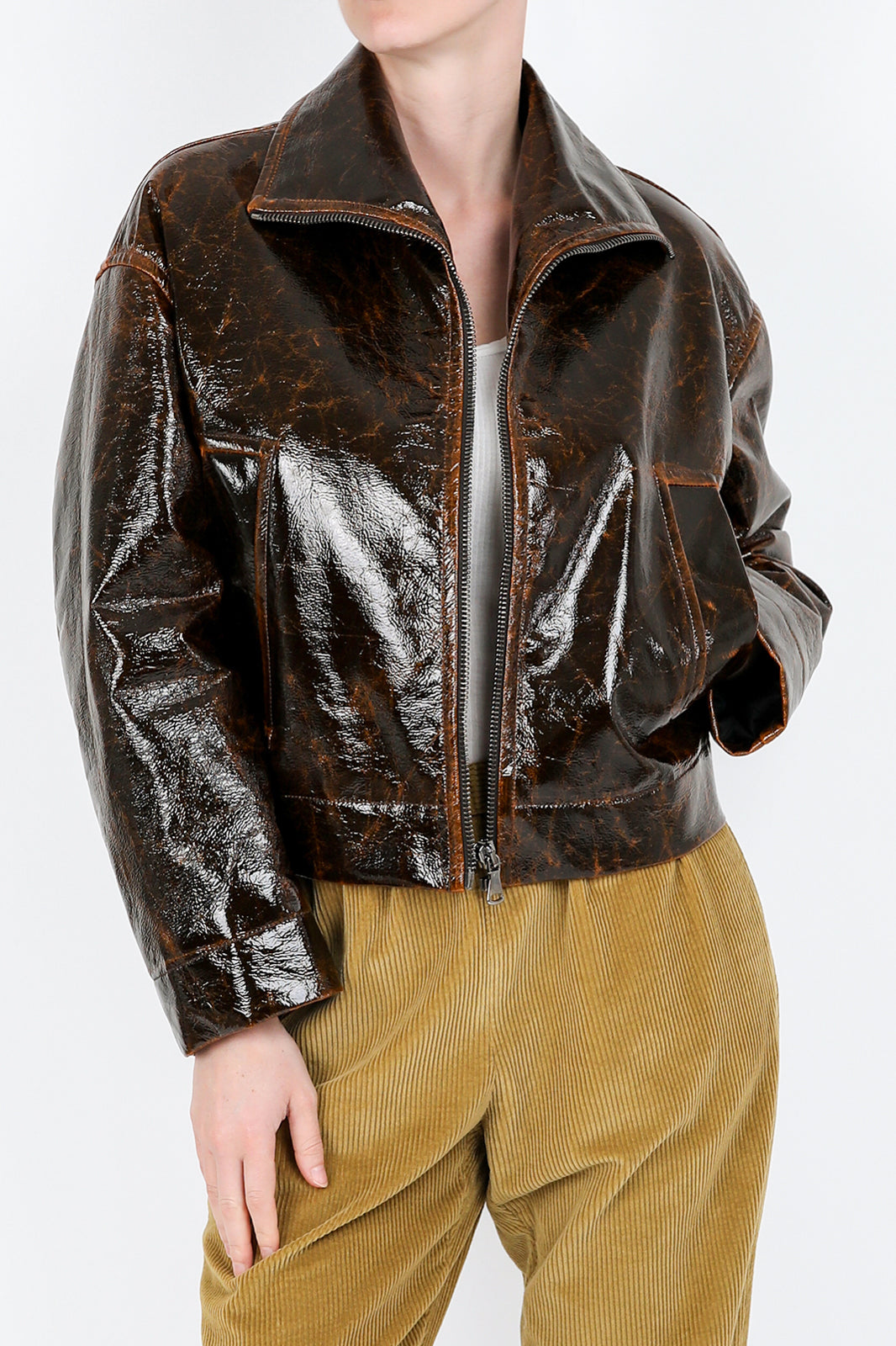 Lacquered cotton jacket in chocolate