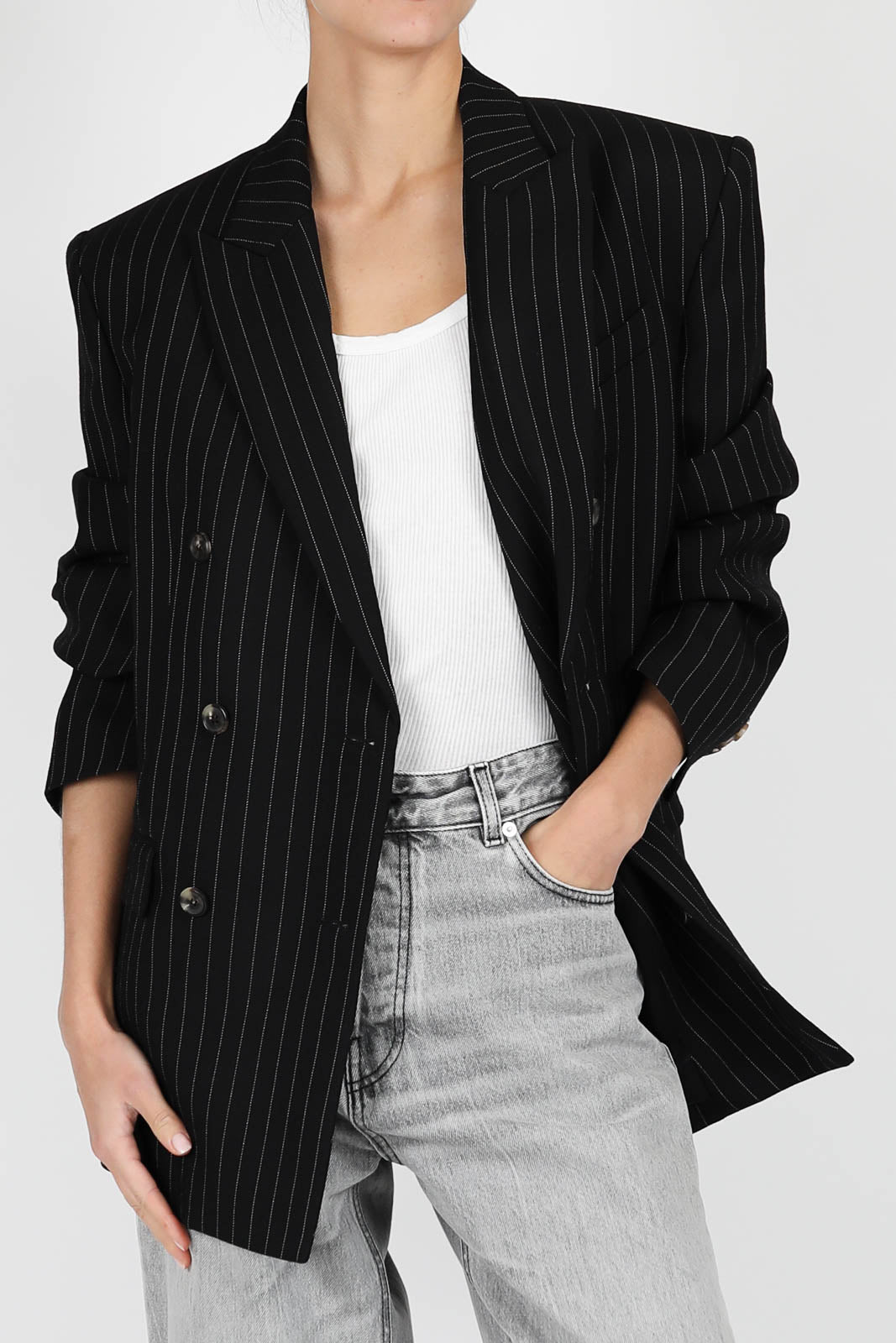 Blazer Double Breasted in Black Pinstripe