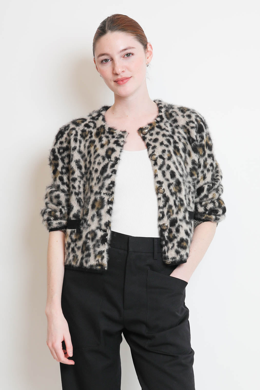 Nili Lotan, cardigan Beyton en jute léopard