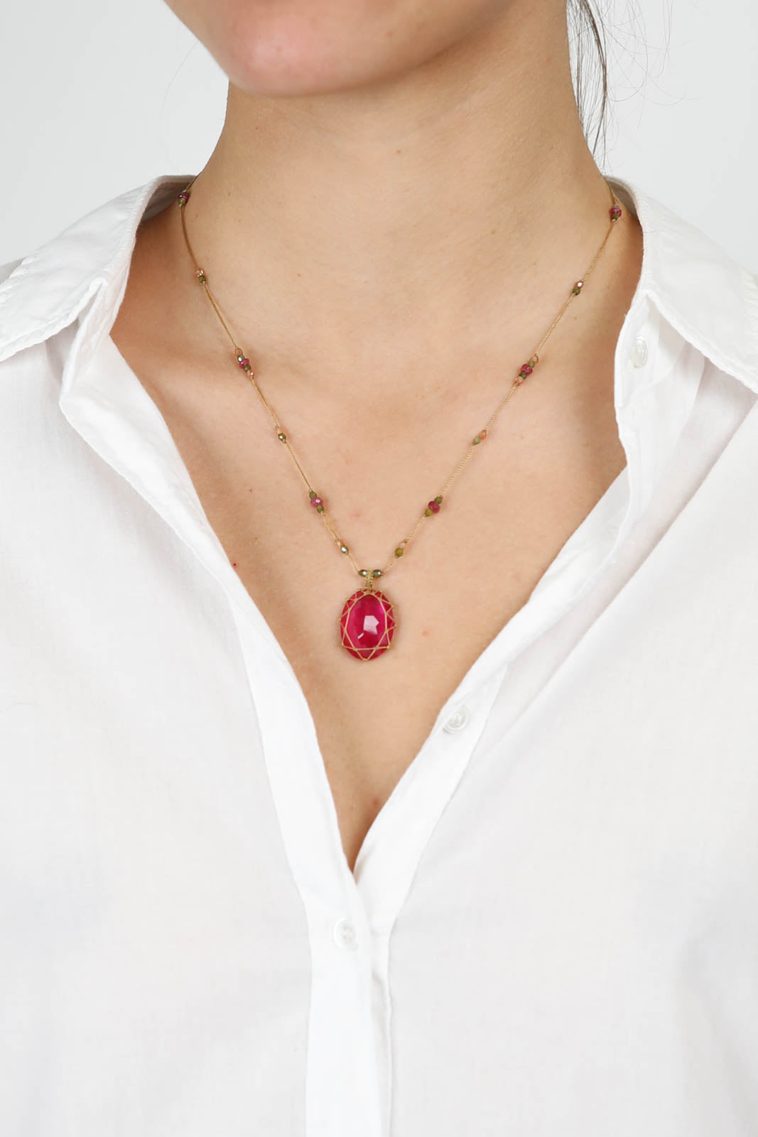 Collier Tibet en verre rose indien