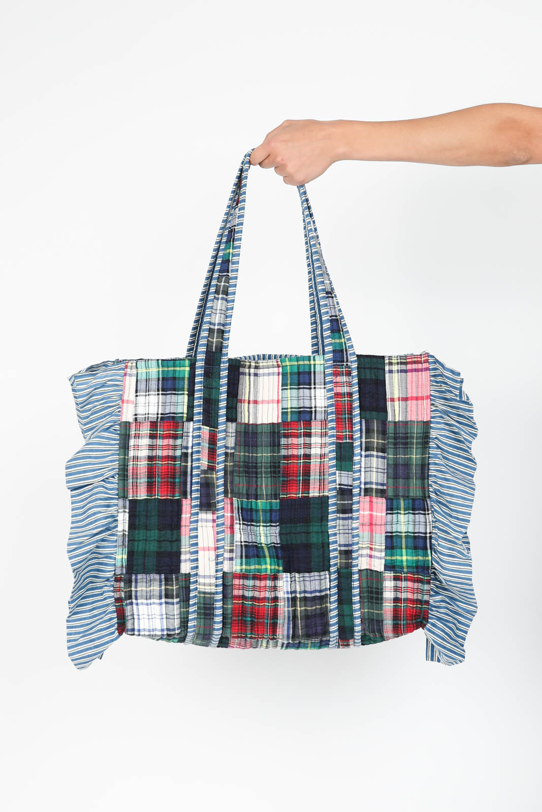 Sac Grand Cabas Patchwork en bleu/rayures vertes