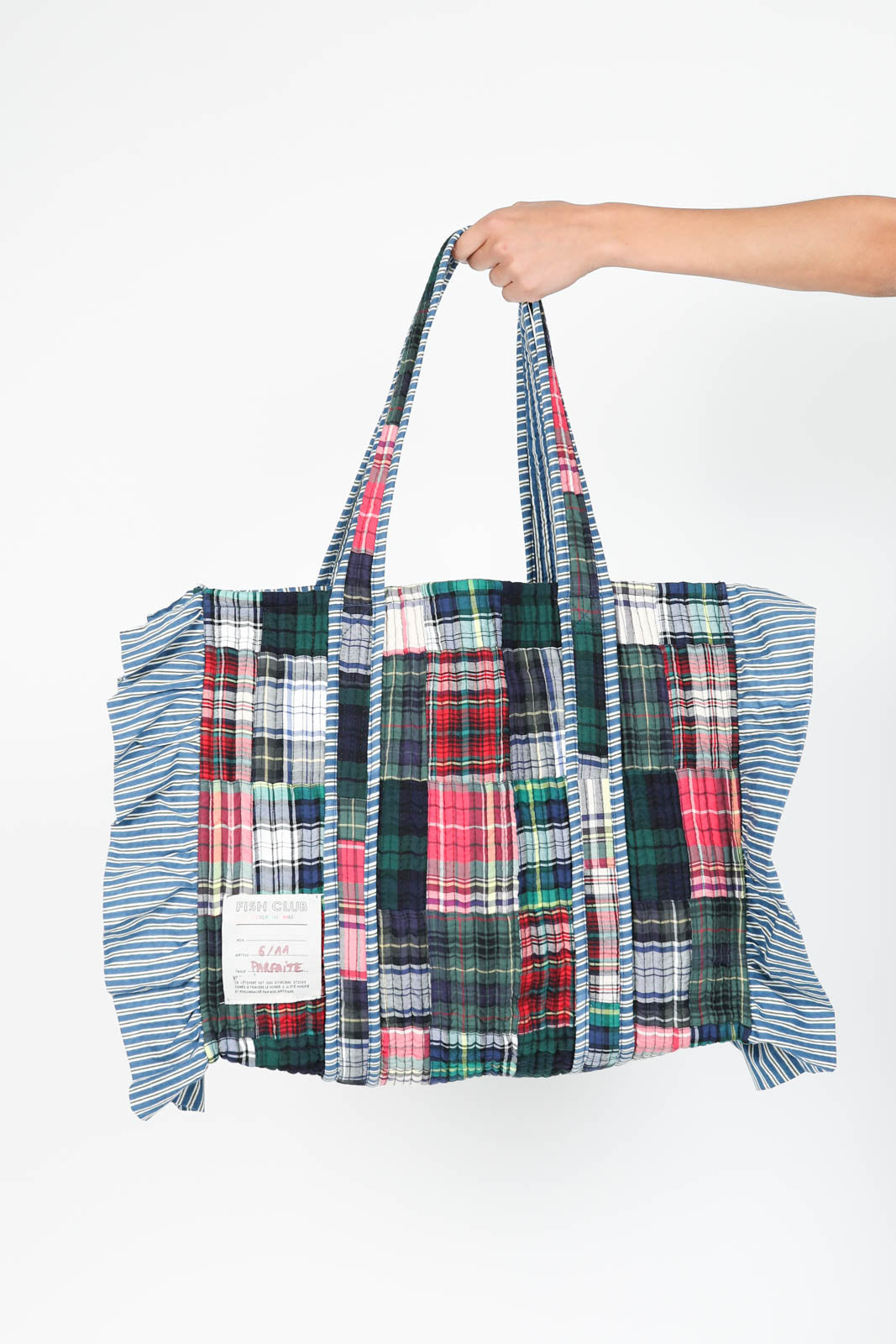 Sac Grand Cabas Patchwork en bleu/rayures vertes