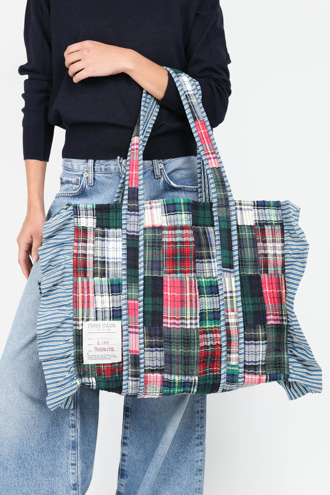 Sac Grand Cabas Patchwork en bleu/rayures vertes